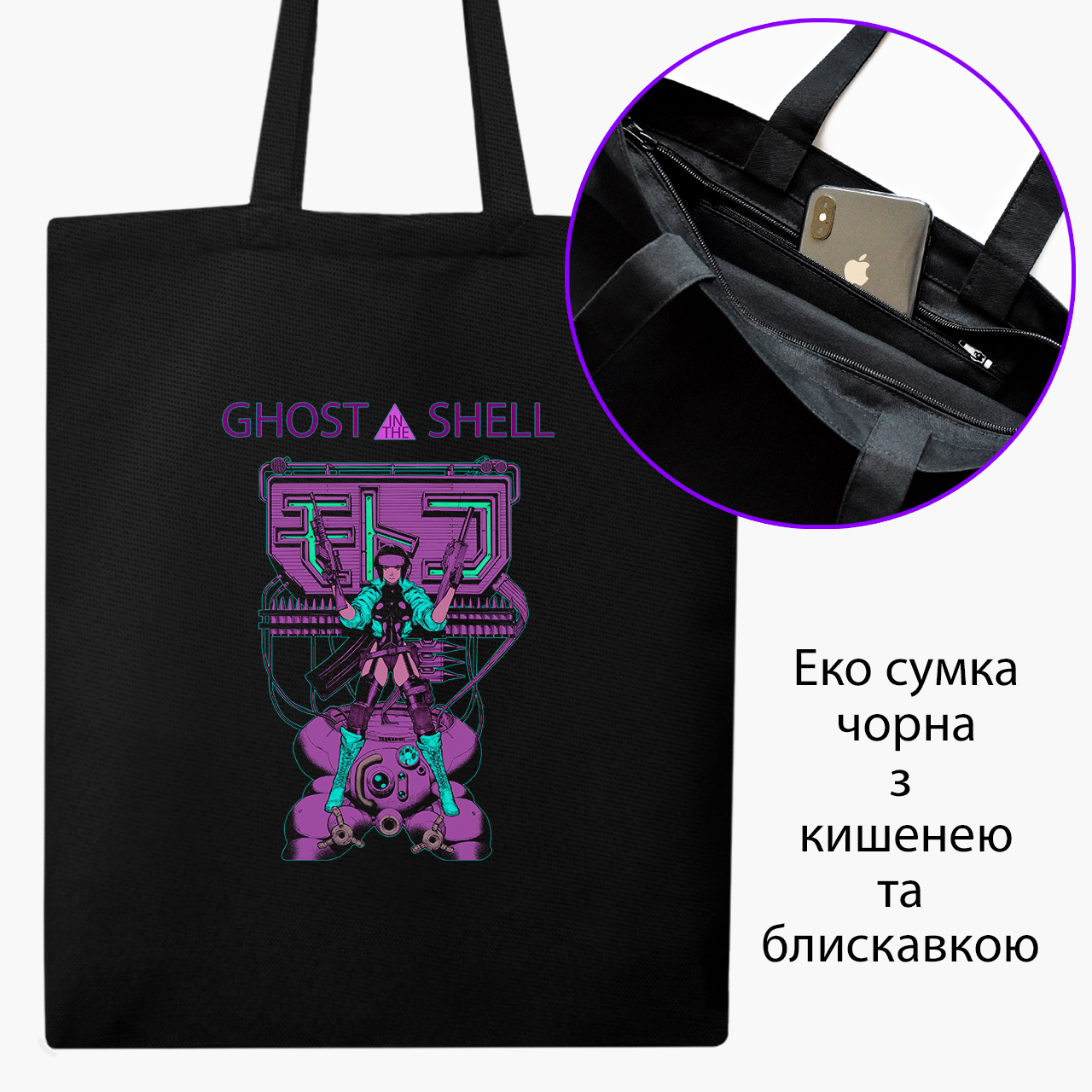 

Эко сумка шоппер на молнии Призрак в доспехах Мотоко Кусанаги (Ghost in the Shell Motoko Kusanagi) (9227-2652) 41x35 см Черный