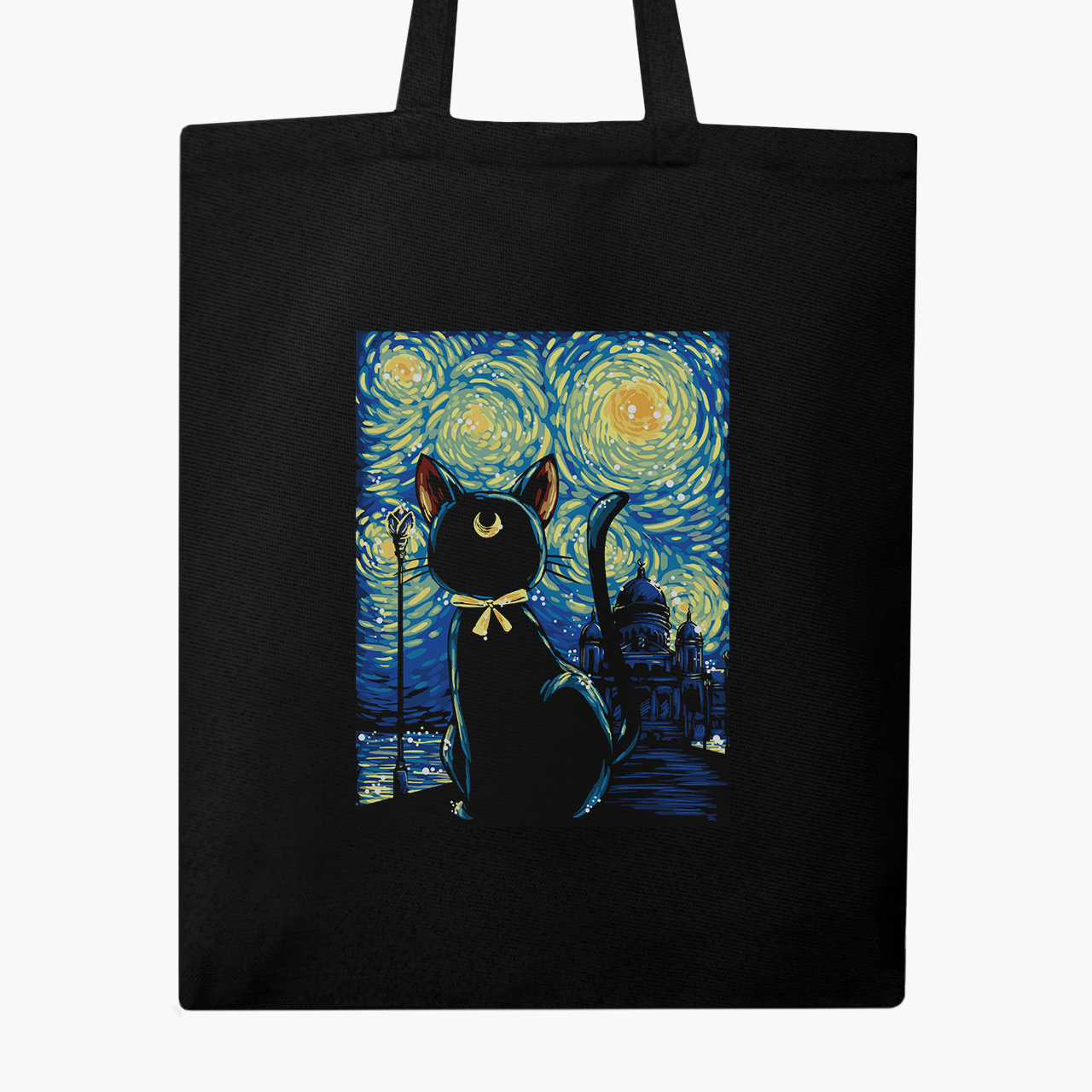 

Эко сумка шоппер Сейлор Мун Кошка Луна и Звездная Ночь Ван Гог (Sailor Moon anime Cats and van Gogh) (9227-2923) 41x35 см Черный