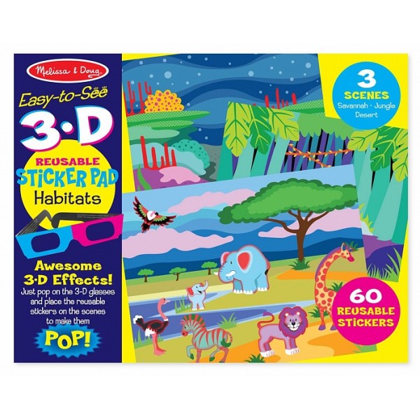 

Многоразовые 3-D наклейки с очками Места обитания животных Easy-to-See 3-D Reusable Sticker Pad Habitats Melissa & Doug