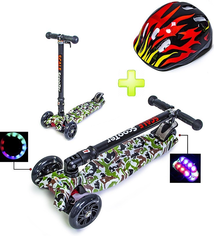 

Детский самокат Scale Sports MAXI Камуфляж с шлемом складной руль зеленый цвет