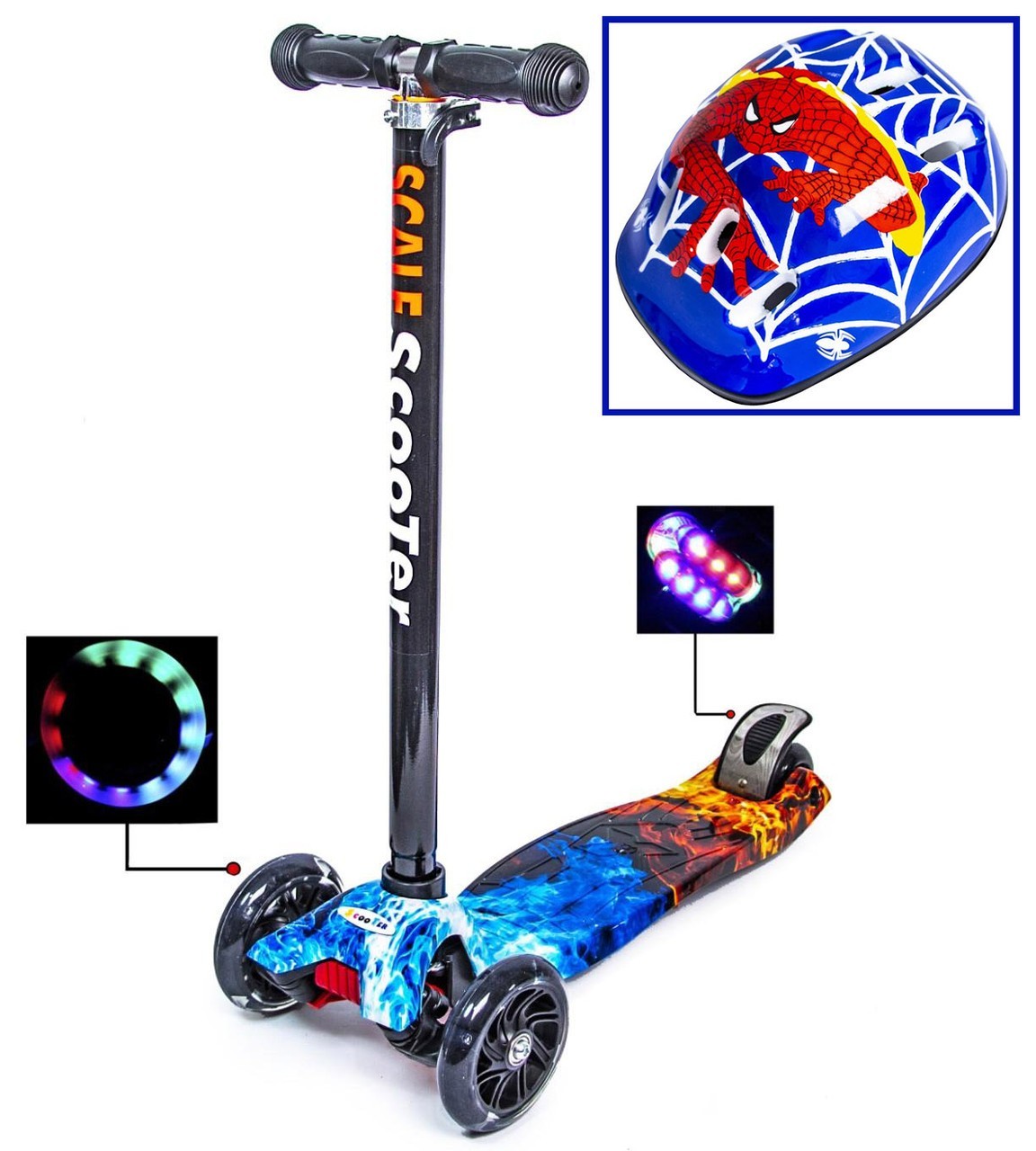 

Самокат Scale Sport Maxi Fire and Ice с шлемом чёрный цвет светящиеся колеса