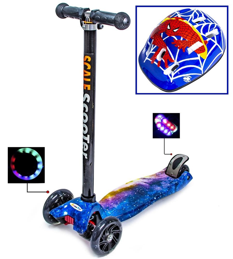 

Самокат Scale Sport Maxi Universe с шлемом синий цвет светящиеся колеса