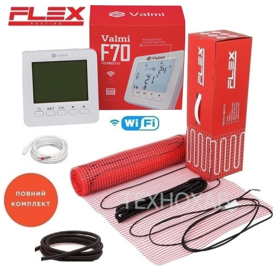 

Кабельный мат Flex EHM 9м²/ 1575Вт/ 175Вт/м² теплый пол электрический под плитку с программируемым терморегулятором Valmi F70 Wi-Fi