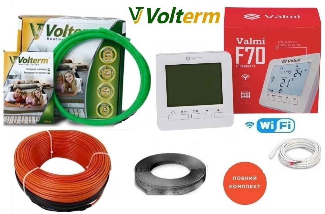 

Теплый кабельный пол Volterm 6м²-7,5м²/ 1050Вт (60м) тонкий нагревательный кабель под плитку 18 Вт/м с программируемым терморегулятором Valmi F70 WI-FI