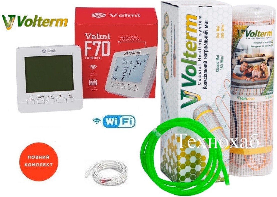 

Кабельный мат Volterm Hot Mat 7,1м²/1200Вт/ 180Вт/м² теплый пол электрический под плитку с программируемым терморегулятором Valmi F70 Wi-Fi