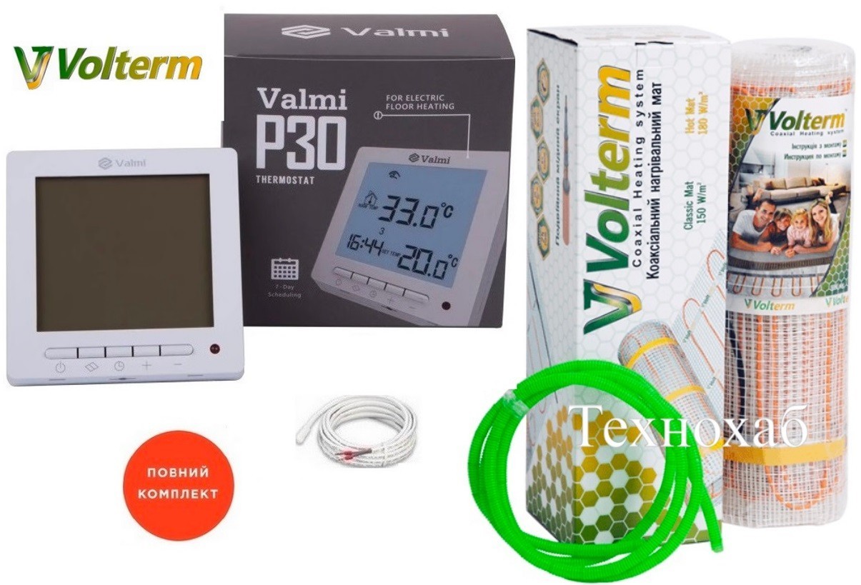 

Электрический теплый пол Volterm Hot Mat 10,8м²/1900Вт/ 180Вт/м² тонкий нагревательный мат под плитку с программируемым терморегулятором Valmi P30