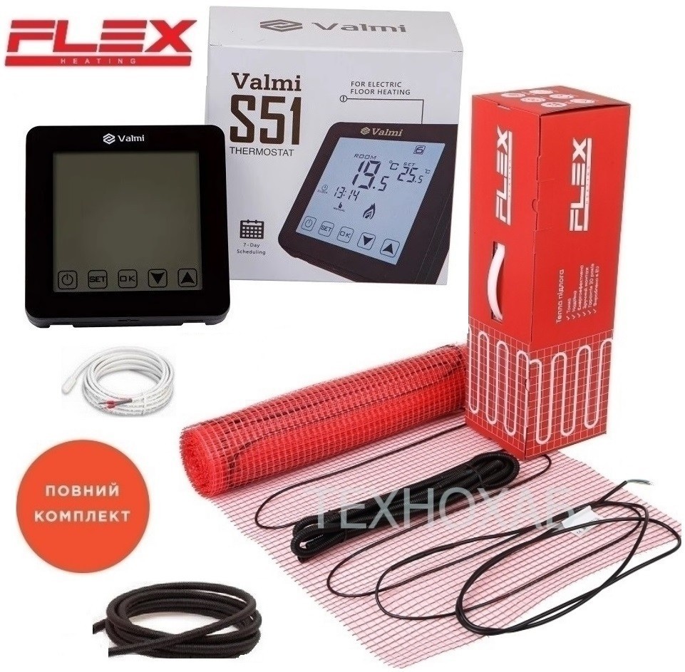 

Нагревательный мат Flex EHM 7м²/ 1225Вт/ 175Вт/м² электрический теплый пол под плитку с сенсорным программируемым терморегулятором Valmi S51