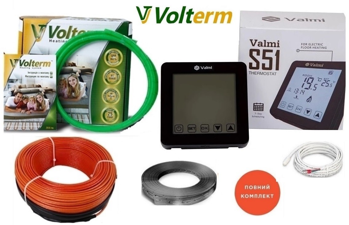 

Кабельный теплый пол Volterm 6,8м²-8,5м²/ 1200Вт (68м) электрический тонкий нагревательный кабель под плитку 18 Вт/м с сенсорным программируемым терморегулятором Valmi S51