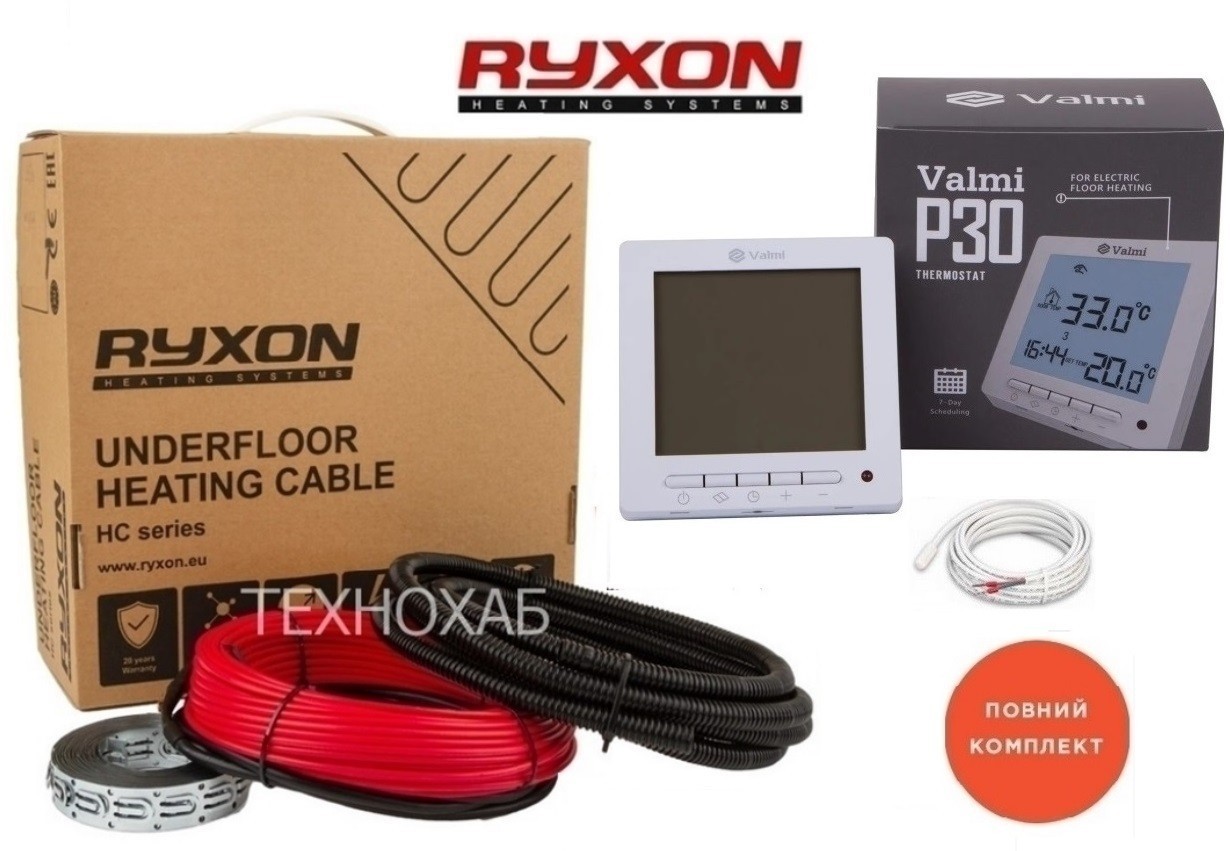 

Электрический теплый пол Ryxon 4м²-5м²/ 800Вт (40м) тонкий греющий кабель под плитку 20 Вт/м с программируемым терморегулятором Valmi P30