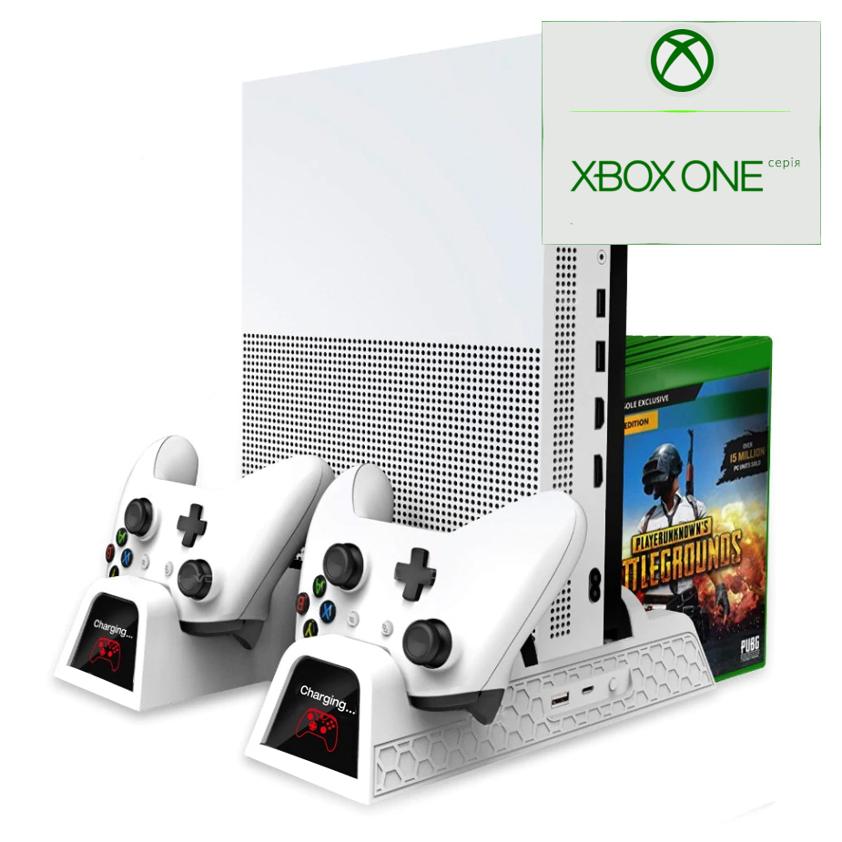 

Мультифункциональная вертикальная подставка OIVO для консоли Xbox One X / Xbox One S / Xbox One, зарядная станция для двух геймпадов Microsoft Wireless Controller с LED подсветкой, подставка под 12 дисков