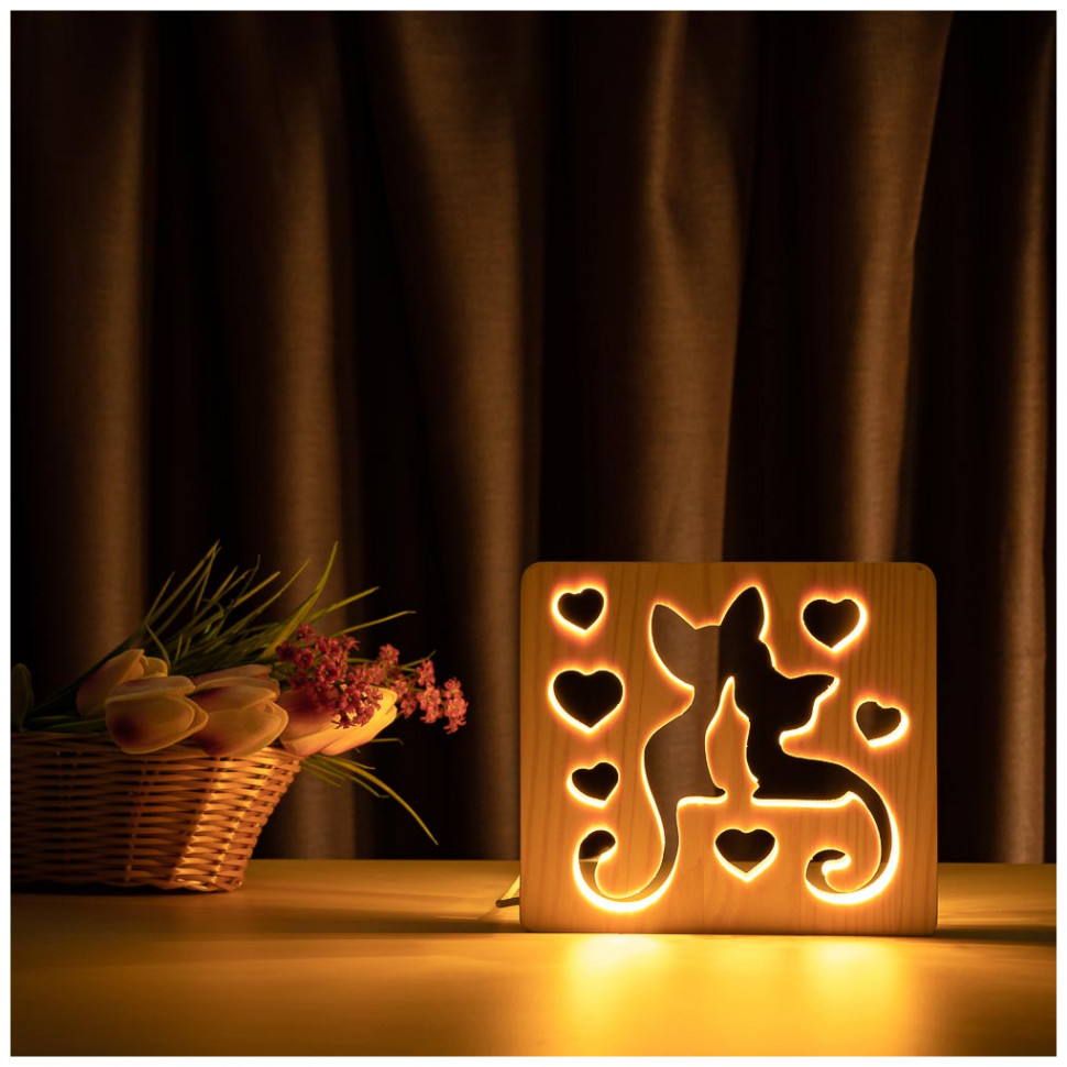 

Светильник ночник ArtEco Light с дерева LED "Коты и любовь" с пультом и регулированием света, цвет тёплый белый