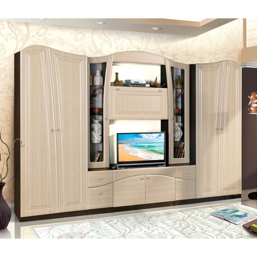 

Гостиная стенка Николь 3160*500*2080 (с тумбой под ТВ) из ДСП/МДФ цвет Штрокс ваниль МФ Модерн