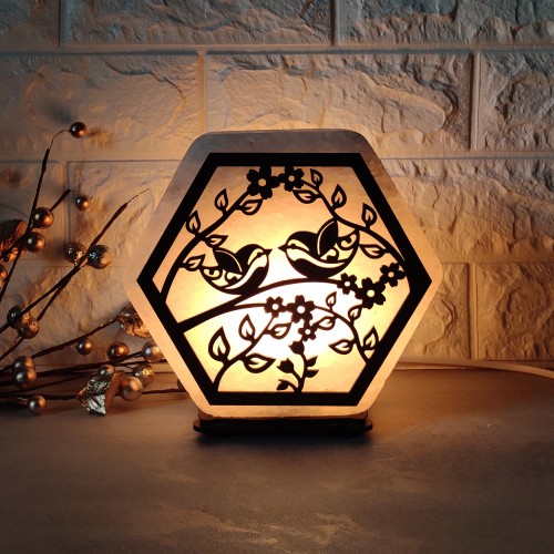 

Соляная лампа EcoDecorLamp шестигранная Птички на дереве ХДФ