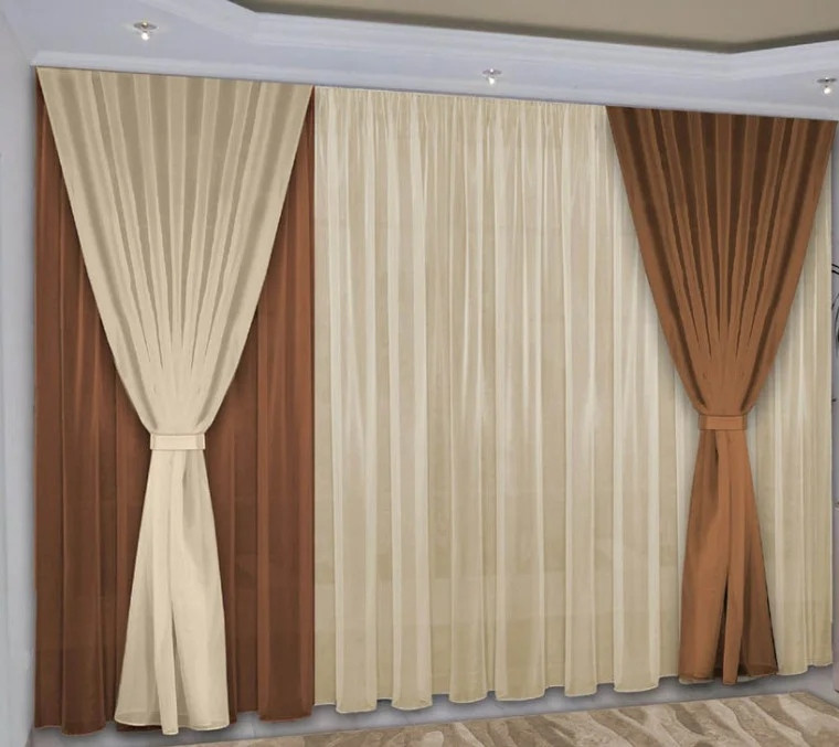 

Комплект штор и тюли Chtextil На карниз 2.5-3м Коричневый с бежевым