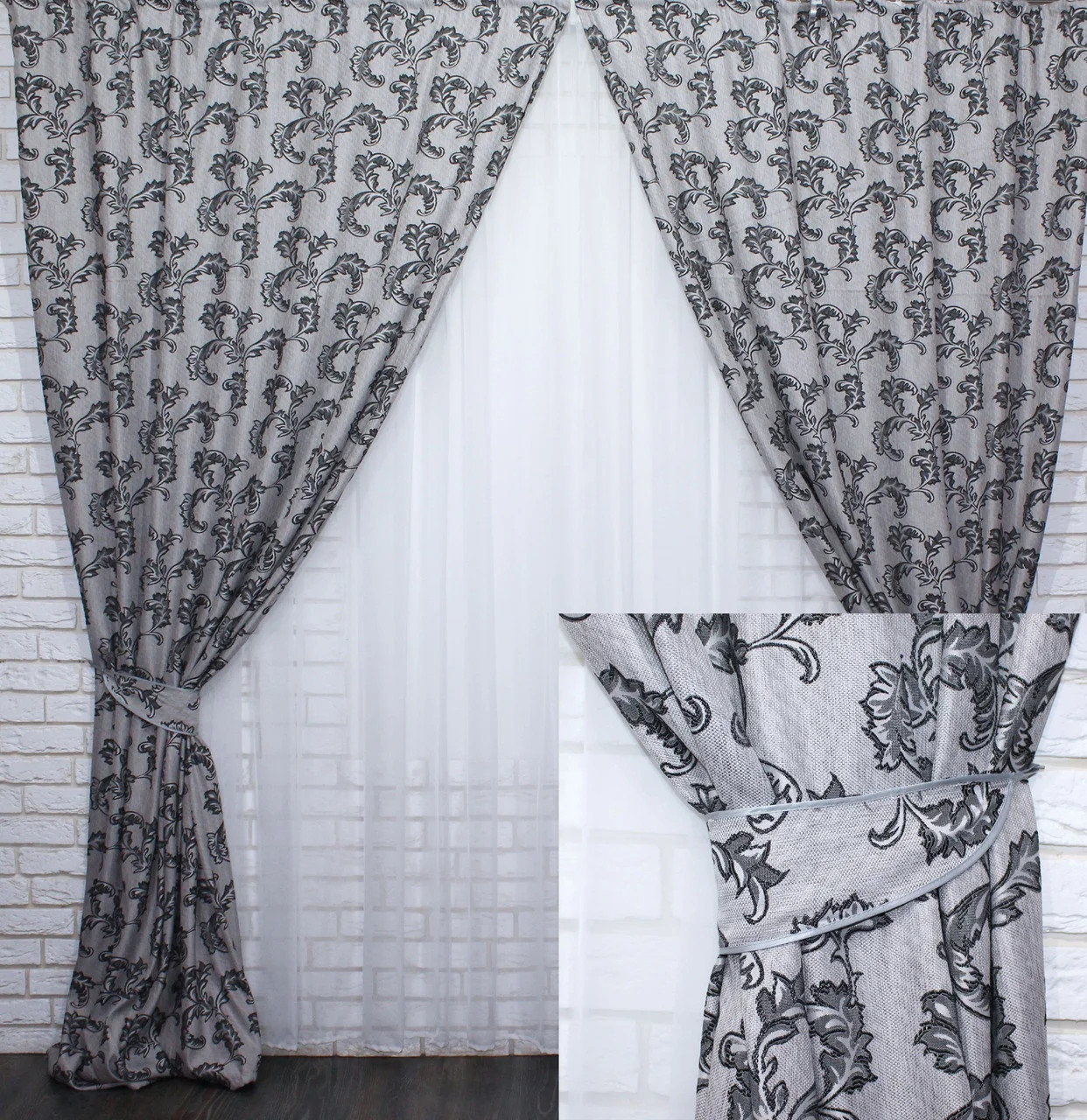 

Комплект штор Chtextil из ткани лён Ширина каждой шторы по 2.5м Серый с темно серым узором