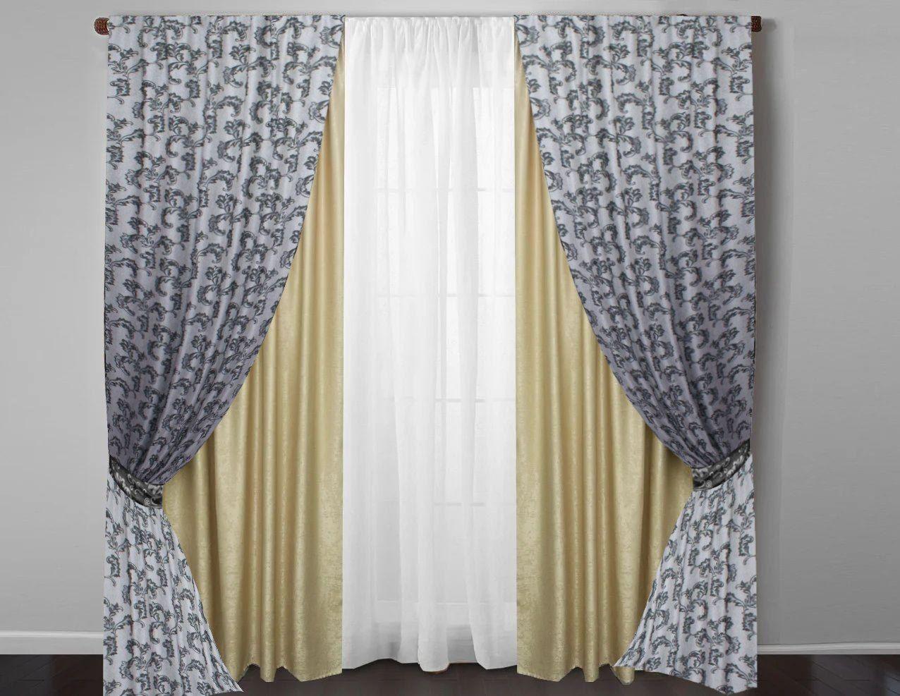 

Шторы Chtextil из ткани лен и блекаут, 4 готовые шторы Серый с золотистым
