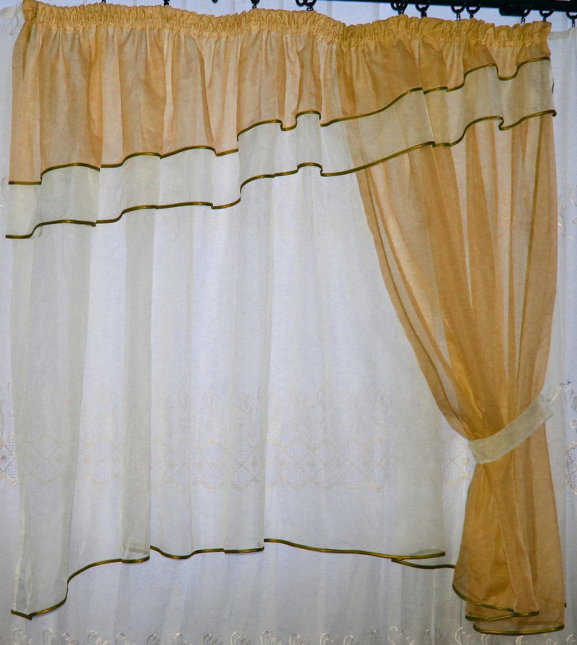 

Кухонный комплект Chtextil тюль и шторка. Цвет янтарный с белым