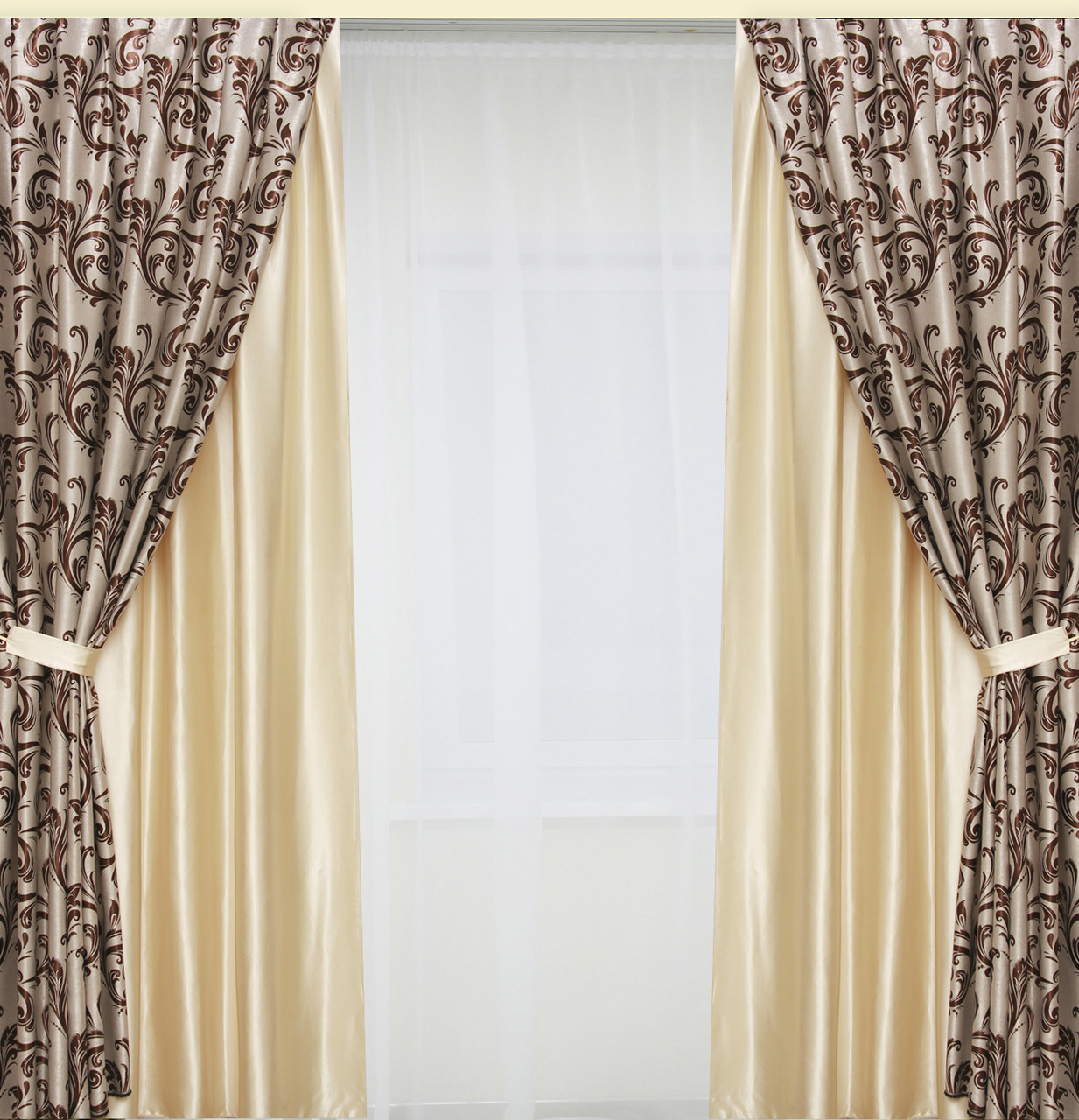 

Шторы Chtextil блекаут и атлас, 4 готовые шторы Кремовый атлас с блекаут узор Бежевый с какао