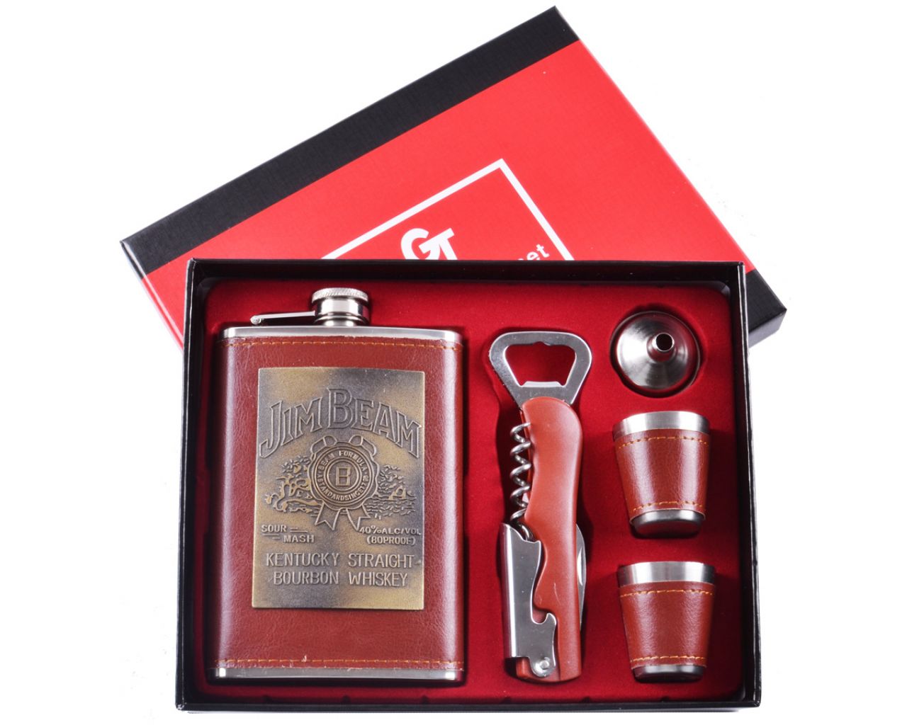 

Набор 5в1 Подарочный Фляга, Рюмки, Лейка, Нож Jim Beam