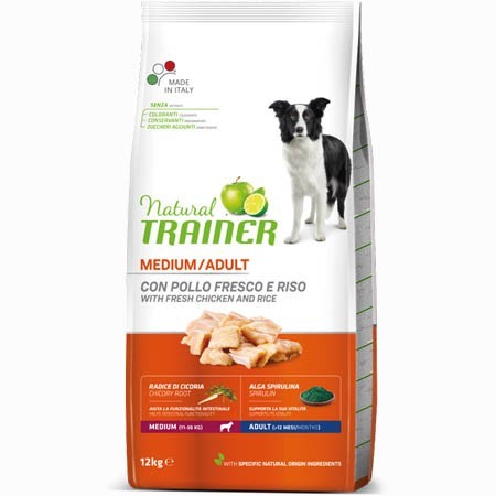 

Сухой корм Trainer Natural Super Premium Adult Medium для взрослых собак средних пород с свежей курятиной, рисом и алое вера 12 кг