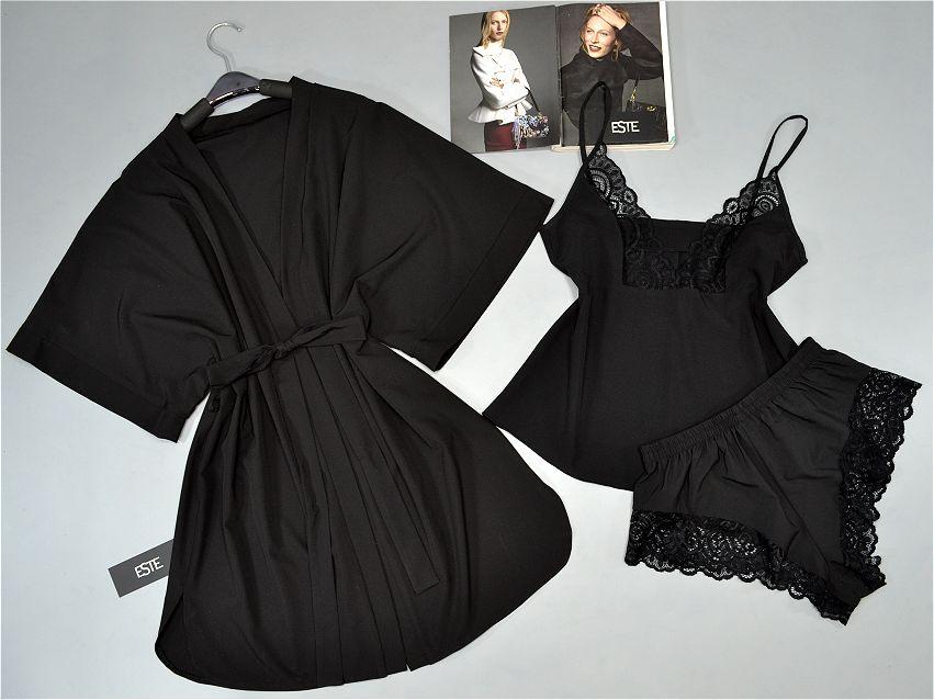 

Женский комплект халат майка шорты Este с кружевом / черный 1235;1223, Женский комплект халат майка шорты Este с кружевом 42/44 черный 1235;1223