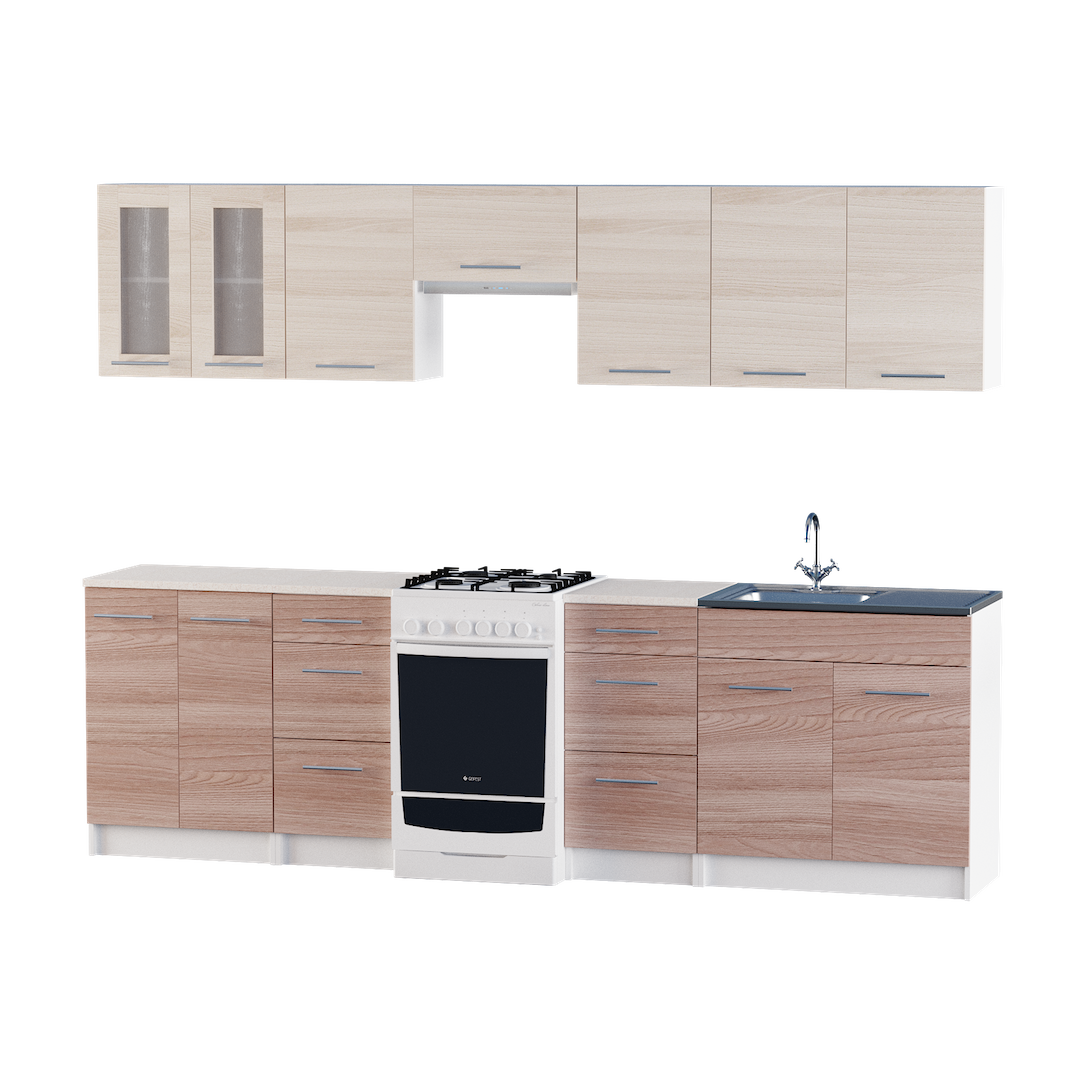 

Кухня модульная со столешницей накладной мойкой и сифоном Эверест Эко набор 2.7 м Комби Ясень Шимо темный Светлый