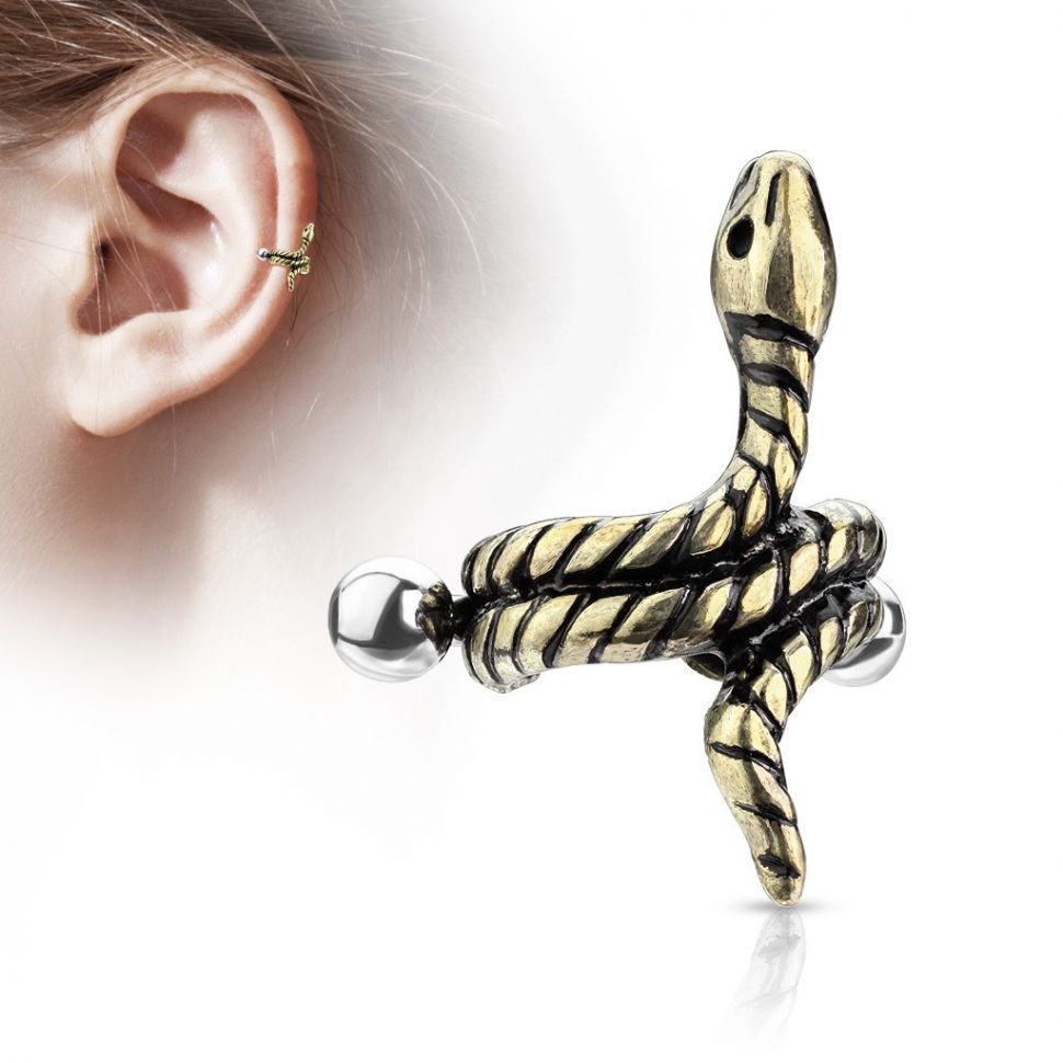 

Серьга-кафф в виде змеи PiercedFish JB022 со штангой для пирсинга в хрящ, хеликс уха (Желтое золото)