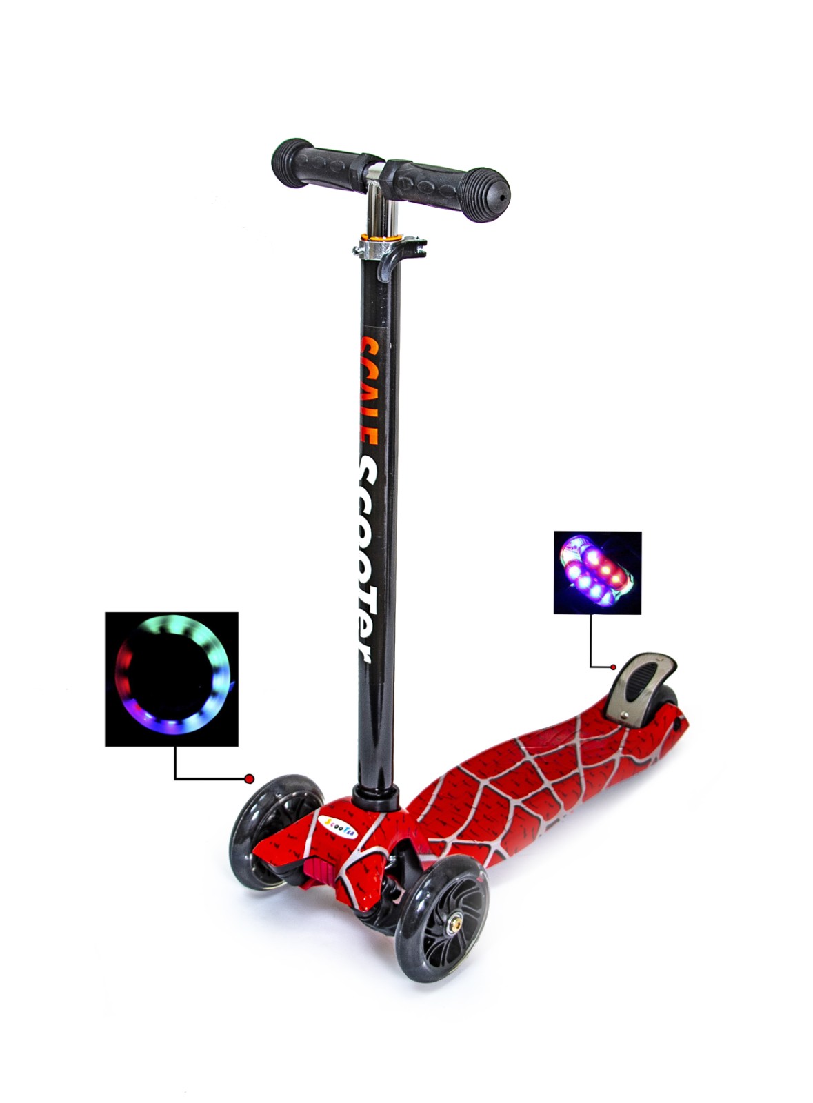 

Детский самокат MAXI. Red web. Светящиеся колеса!