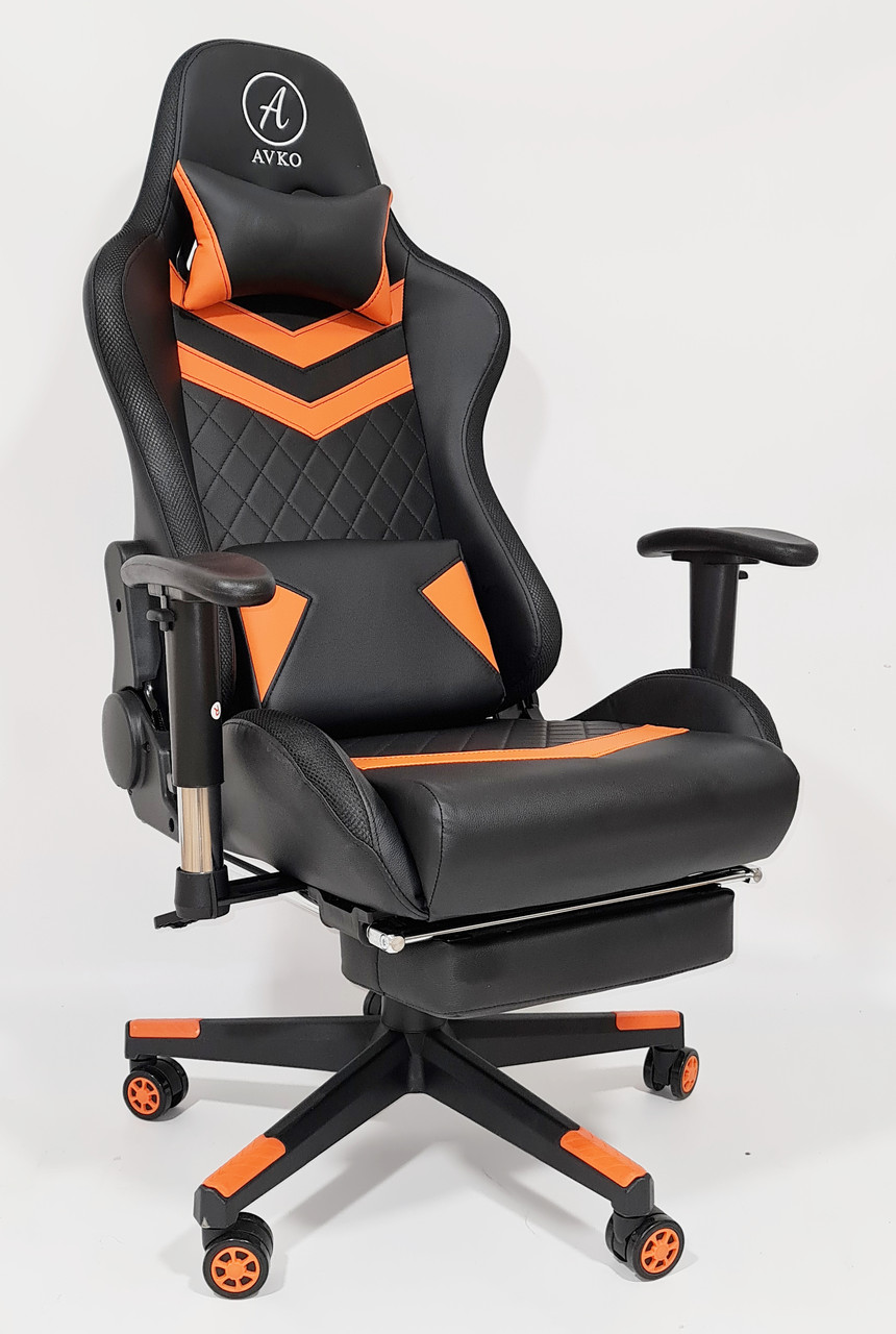 

Кресло геймерское компьютерное AVKO Style с RGB подсветкой, механизмом качания и функцией блокировки. Эко-кожа. Чёрный с оранжевым