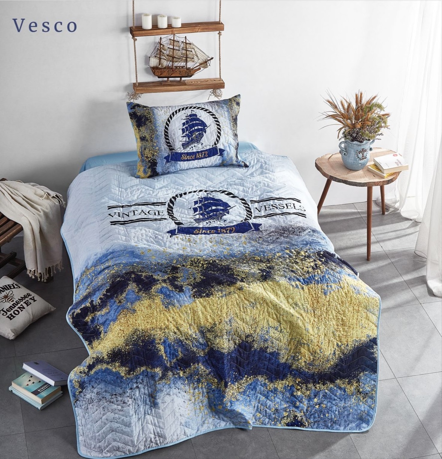 

Стёганное покрывало с наволочкой The Club Cotton Vesco полуторный голубой ранфорс