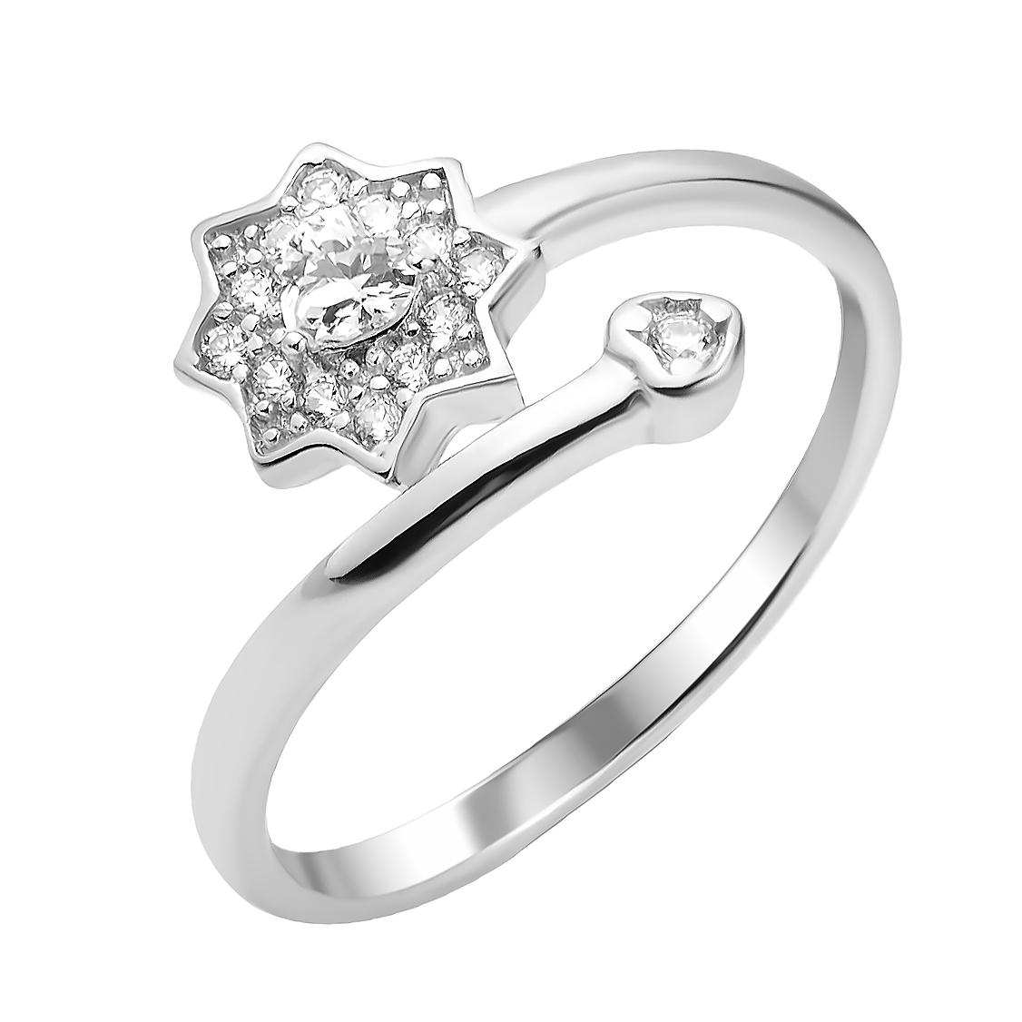 

Серебряное кольцо к с разомкнутой шинкой и белыми фианитами 000112720 без размера