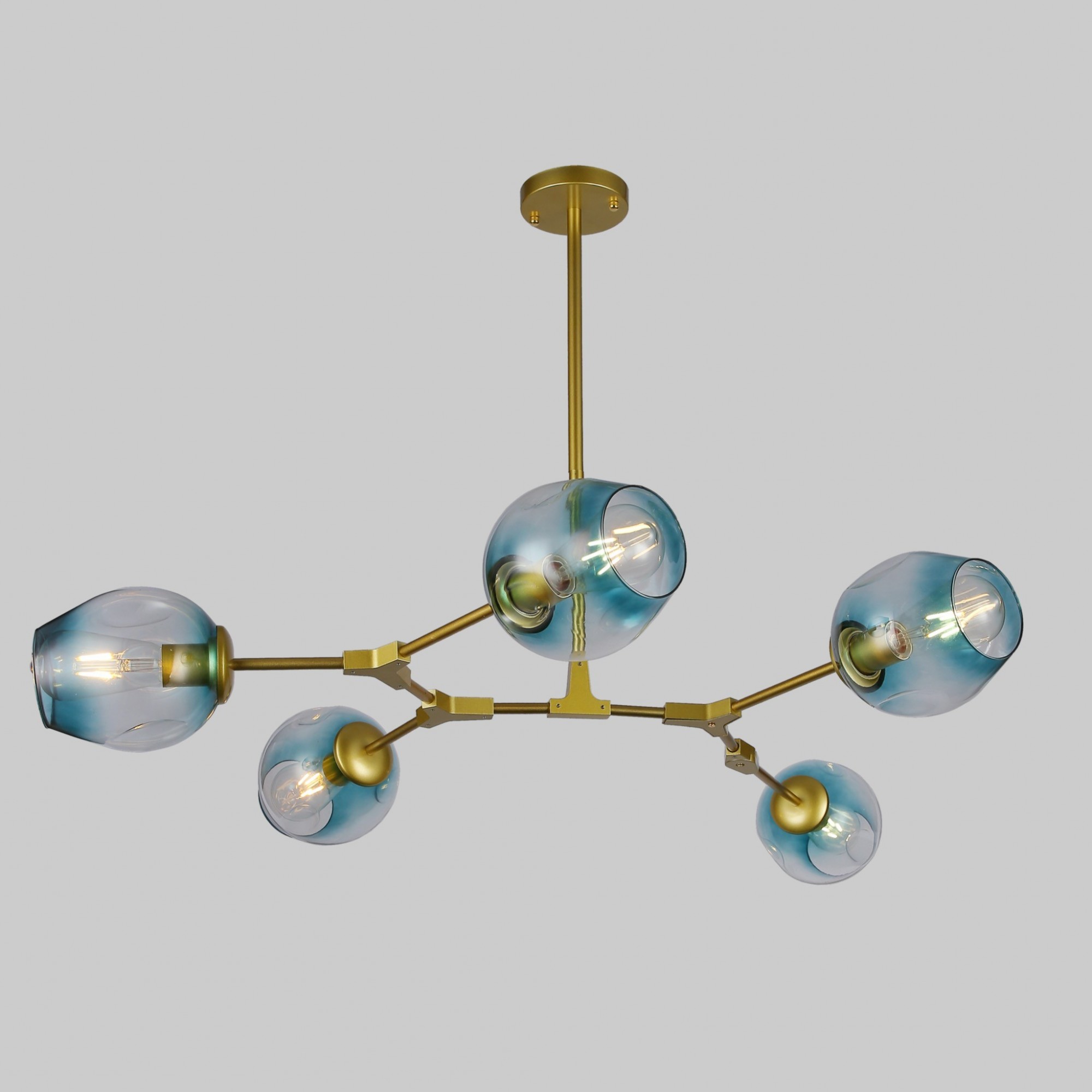 

Люстра LEVISTELLA Molecule на 5 ламп золотая с голубо-прозрачными плафонами