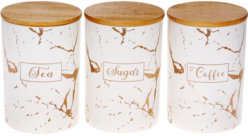 

Набор 3 керамические банки "Золотой Волан" 650мл с бамбуковыми крышками, белый мрамор с золотом