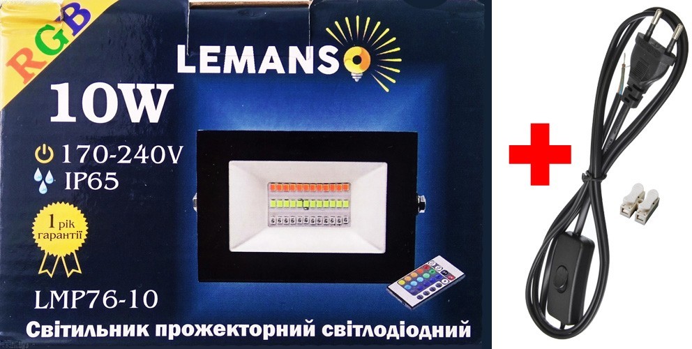 

Светодиодный прожектор цветной RGB 10Вт IP65 Lemanso LMP76-10 с пультом и кабелем