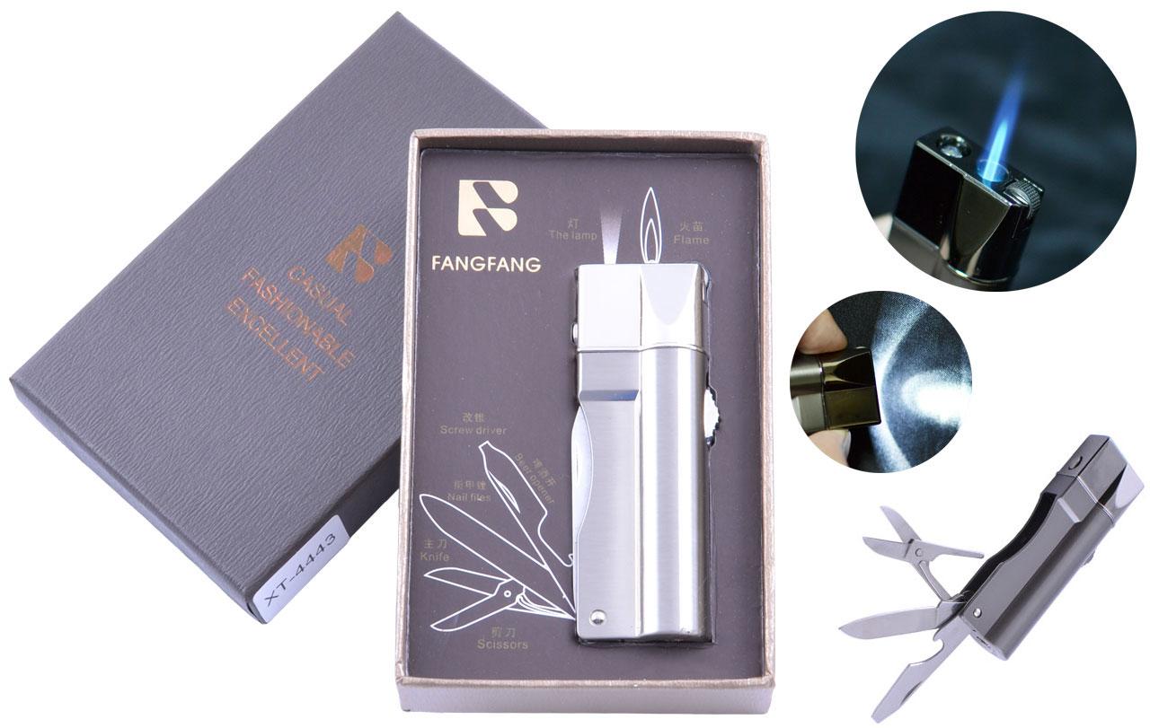 

Зажигалка подарочная Fang Fang (Острое пламя, нож, фонарик) №4443 Silver
