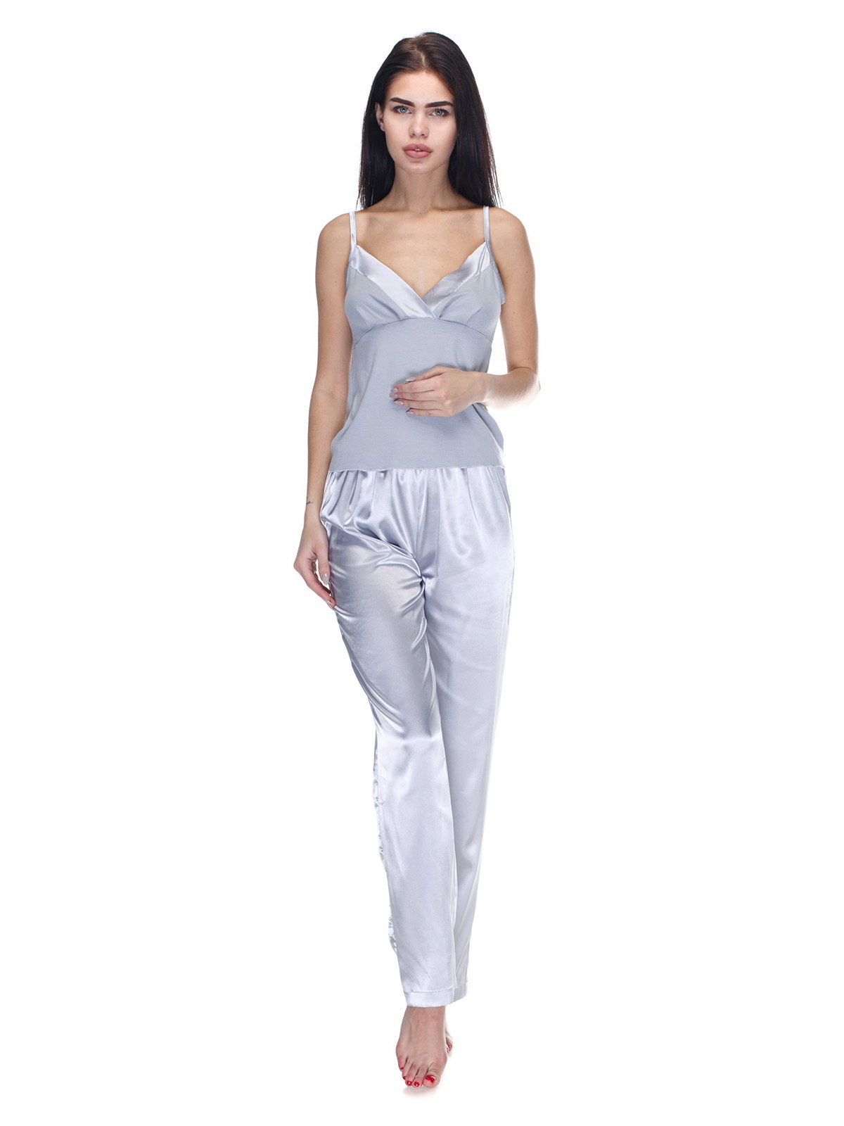 

Жіноча піжама Aniele 3113 Сіра із віскозної маєчки з відрізними чашками прикрашеними атласом та атласних штанів M