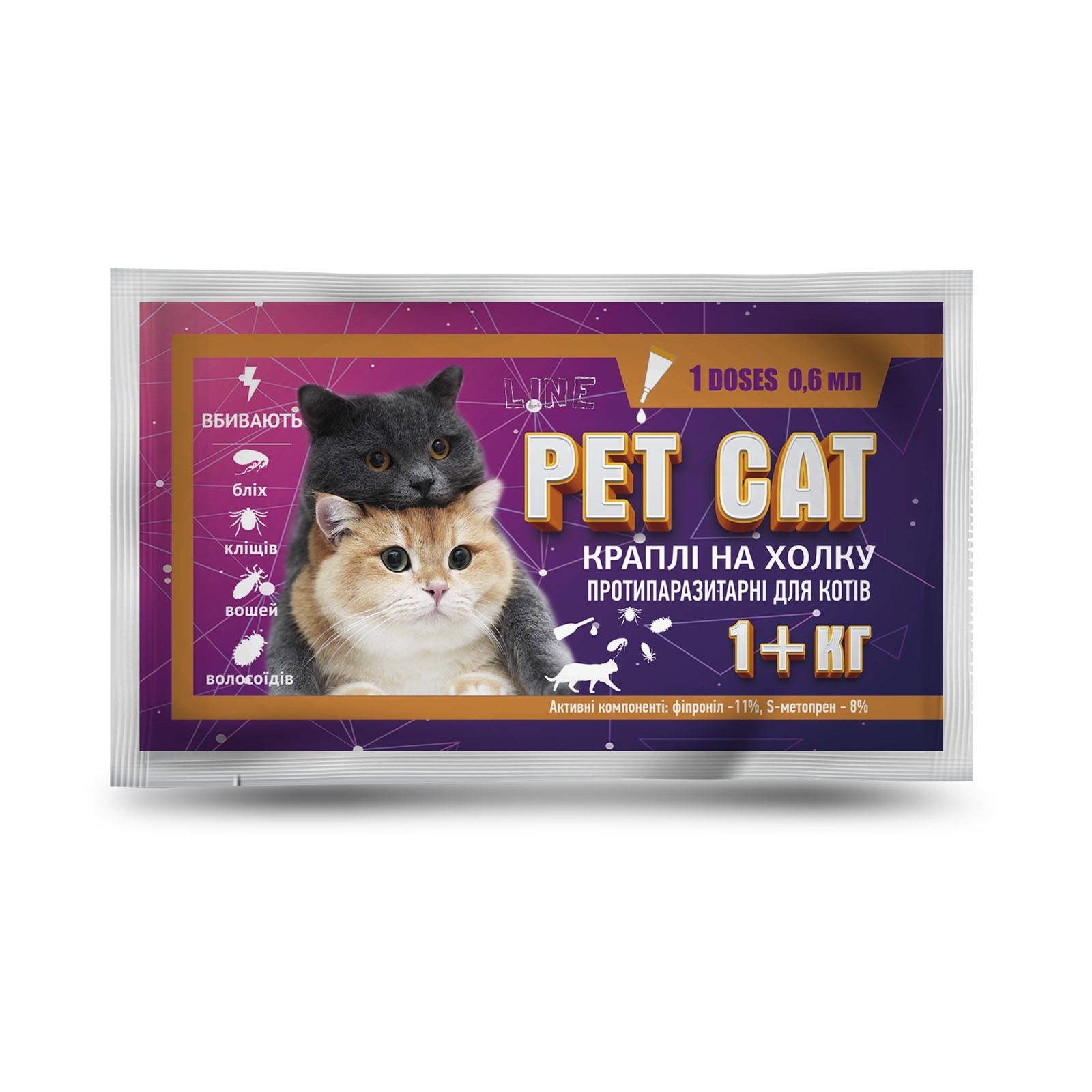

Капли «Pet Cat» для котов противопаразитарные весом от 1кг 0.6 мл. 10 шт.