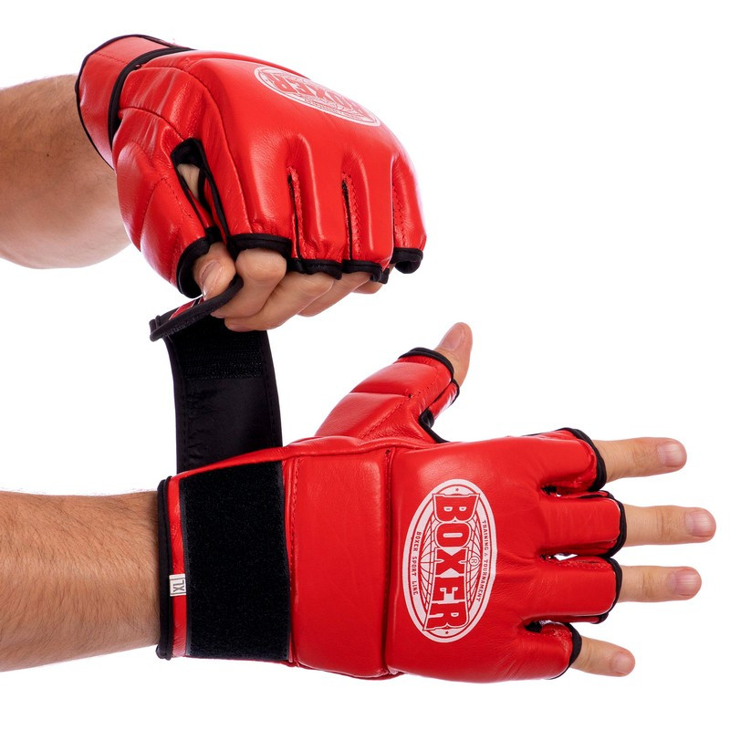

Перчатки кожанные для смешанных единоборств MMA, самбо, джиу-джитсу, карате BOXER 05020-02 размер L красный