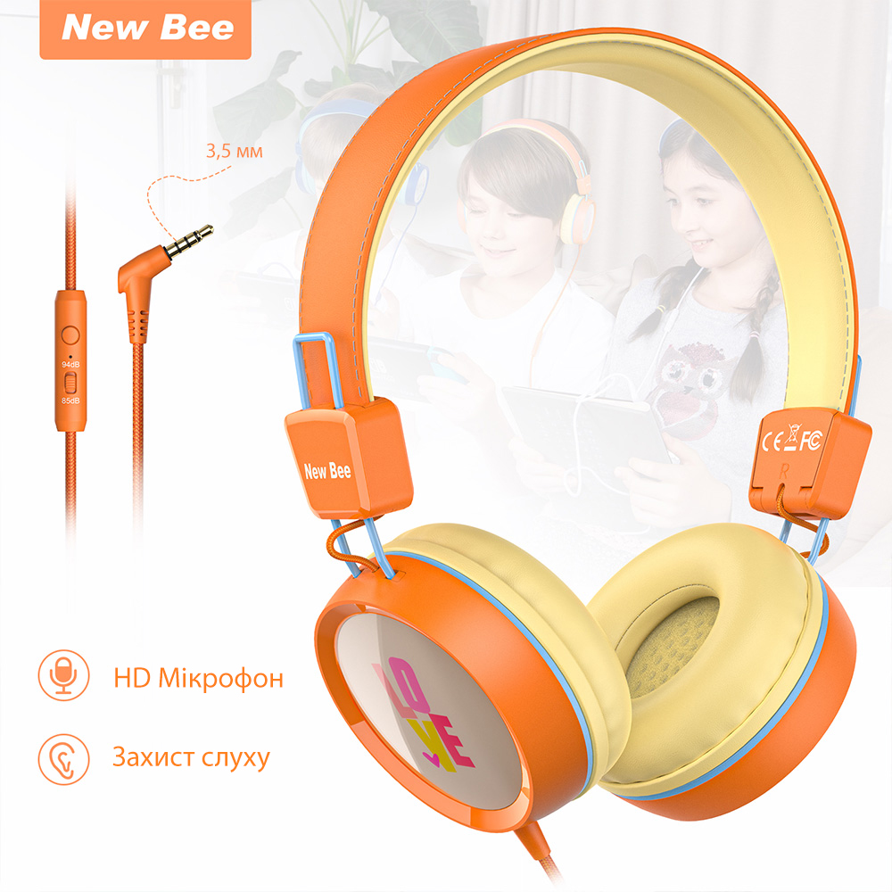 

Детские накладные наушники с микрофоном проводная гарнитура New Bee KH20 Orange
