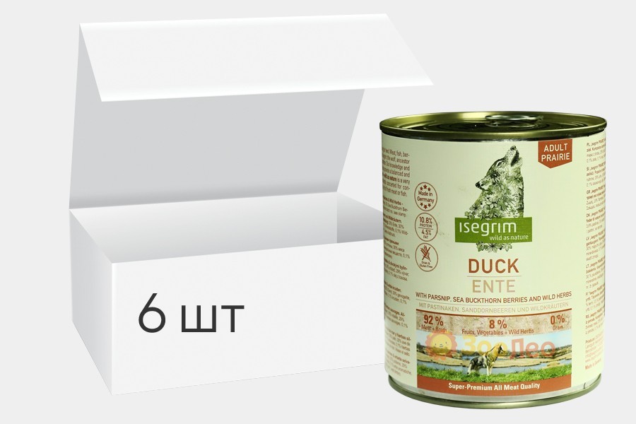 

Упаковка влажного корма для собак isegrim adult prairie утка с пастернаком, облепихой и дикими травами 800г 6шт