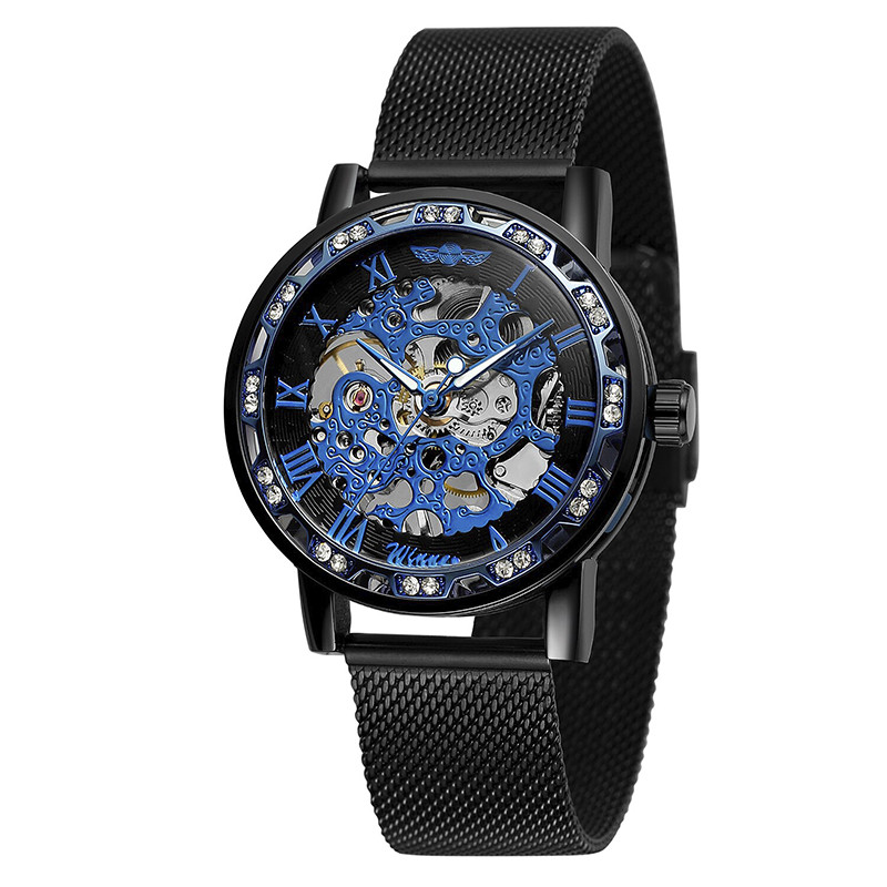 

Часы мужские Winner Diamonds mesh W0905 Black + Blue наручные механические со скелетон металлические