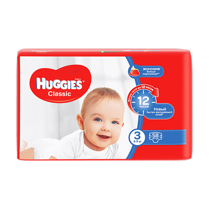 

Подгузники детские Huggies classic 3 4-9 кг 58шт