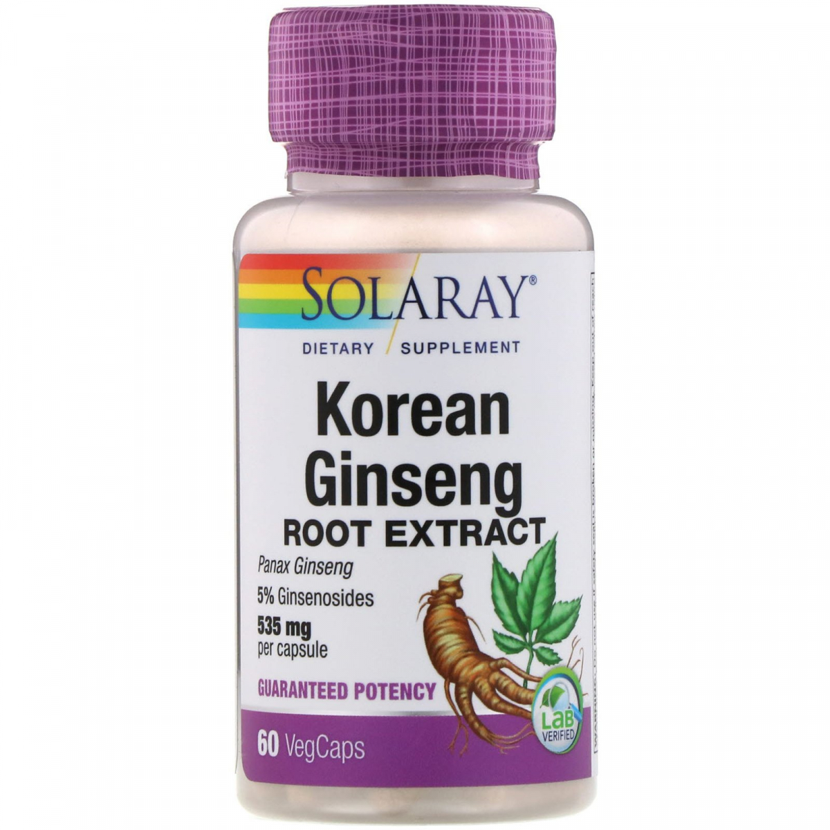 

Экстракт корня корейского женьшеня, Korean Ginseng Root, Solaray, 535 мг, 60 вегетарианских капсул