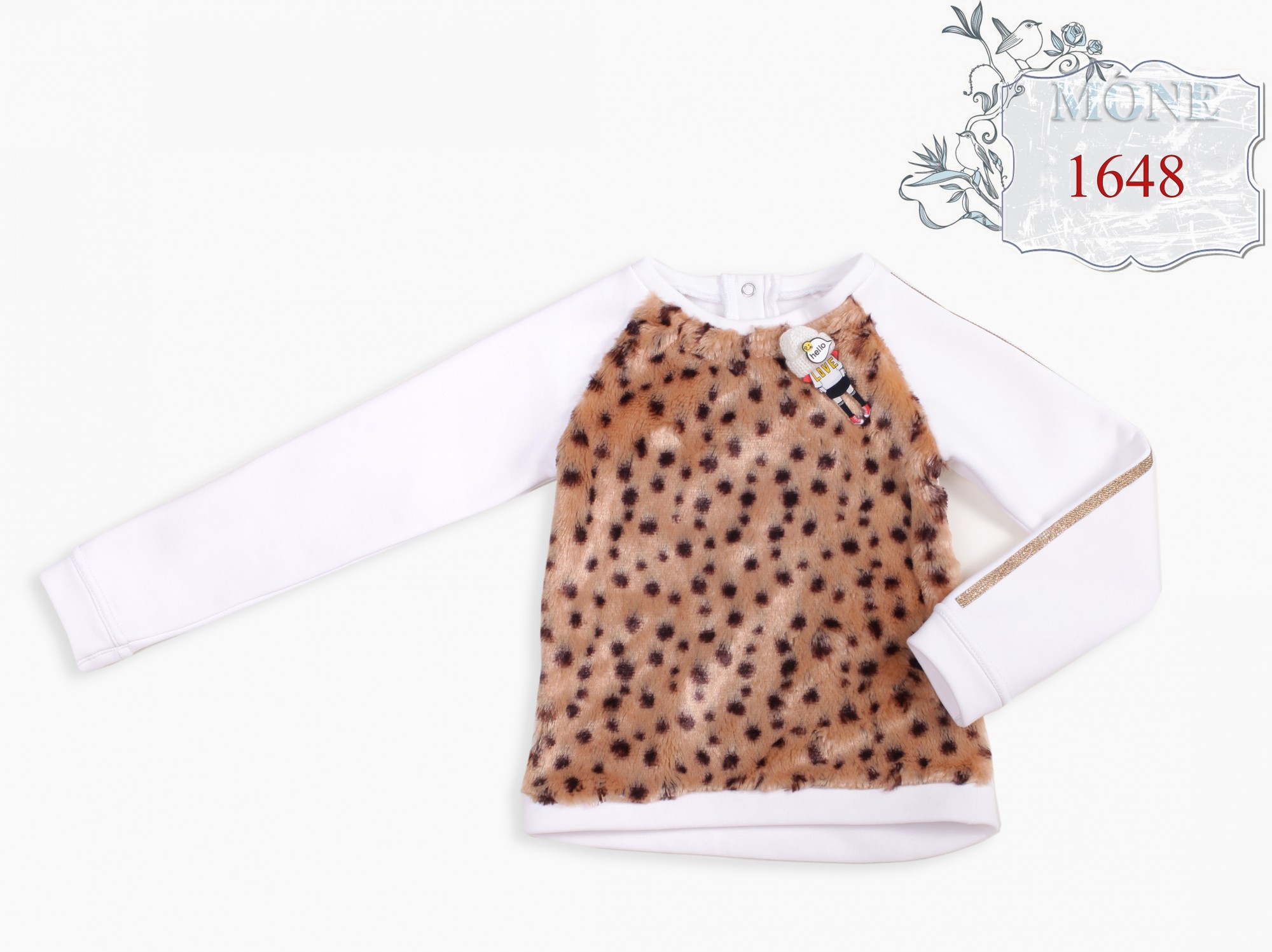 

Детская кофта для девочек Mone kids двунить с начесом молочная с леопардовым мехом впереди р.128