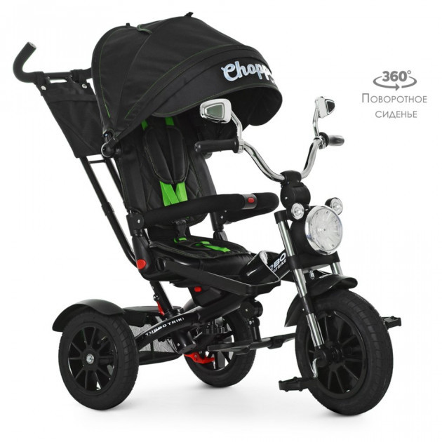 

Велосипед трехколесный TURBOTRIKE велосипед-коляска с родительской ручкой и звуковыми эффектами, колеса надувные резиновые M 4056HA-20 черный с салатовым