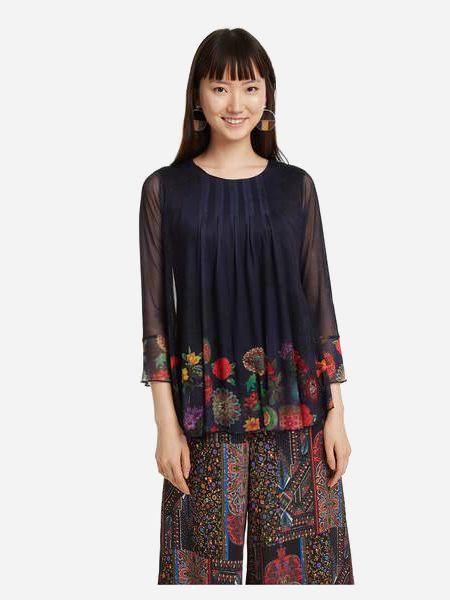 

Блузка Desigual 18WWTKB9-5000  Синяя с принтом, Блузка Desigual 18WWTKB9-5000 S Синяя с принтом