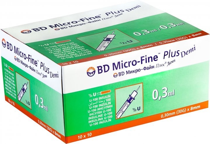

Шприц инсулиновый BD Micro-Fine Demi 0,3 мл, 30G, 8 мм - Микрофайн Деми- 100шт.