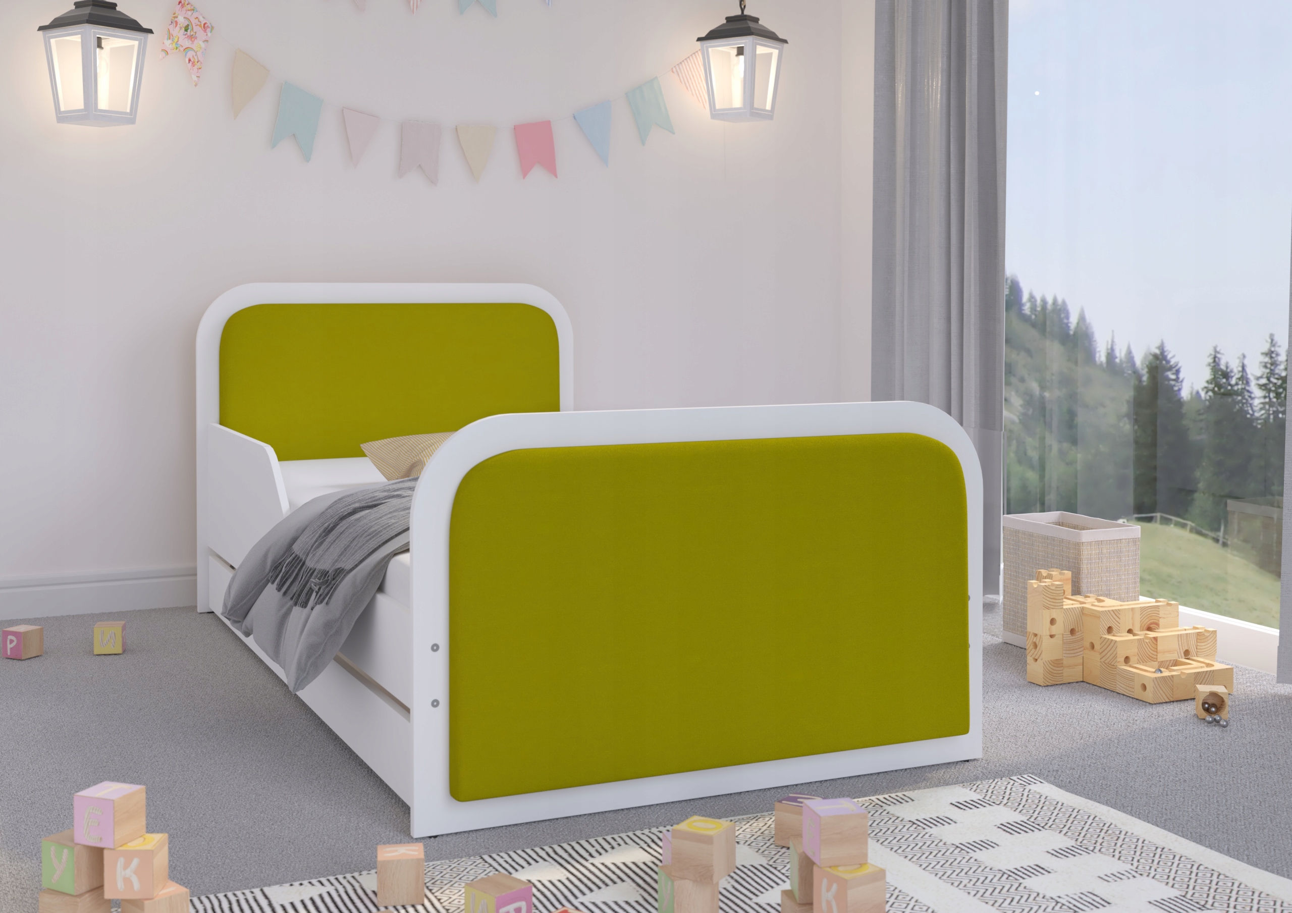 

Детская кровать односпальная KidsBunkBed с обивкой цвет белый+зеленый 170х80х85 см -COPY-