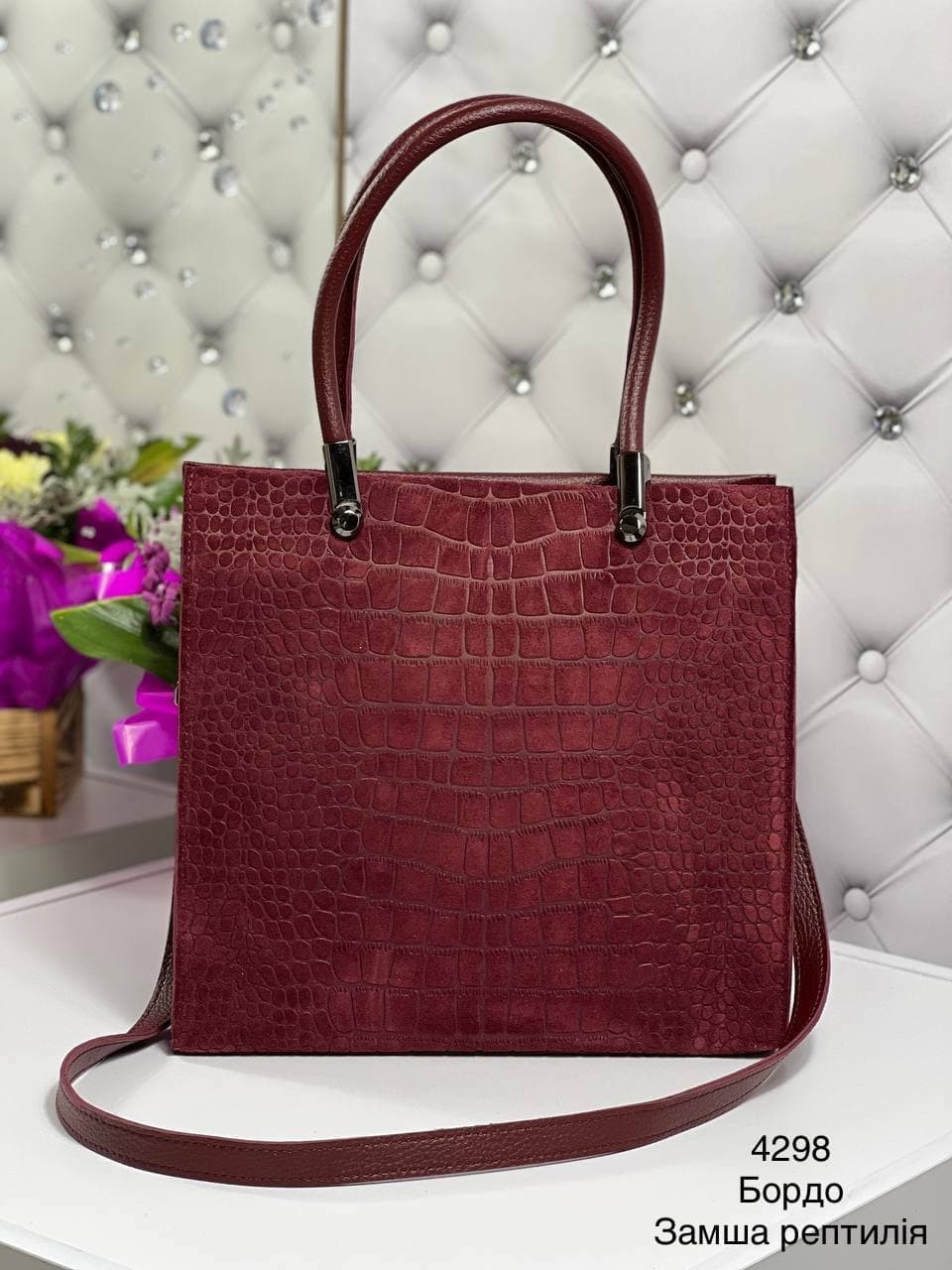 

Сумка жіноча ділова замша рептилія бордо