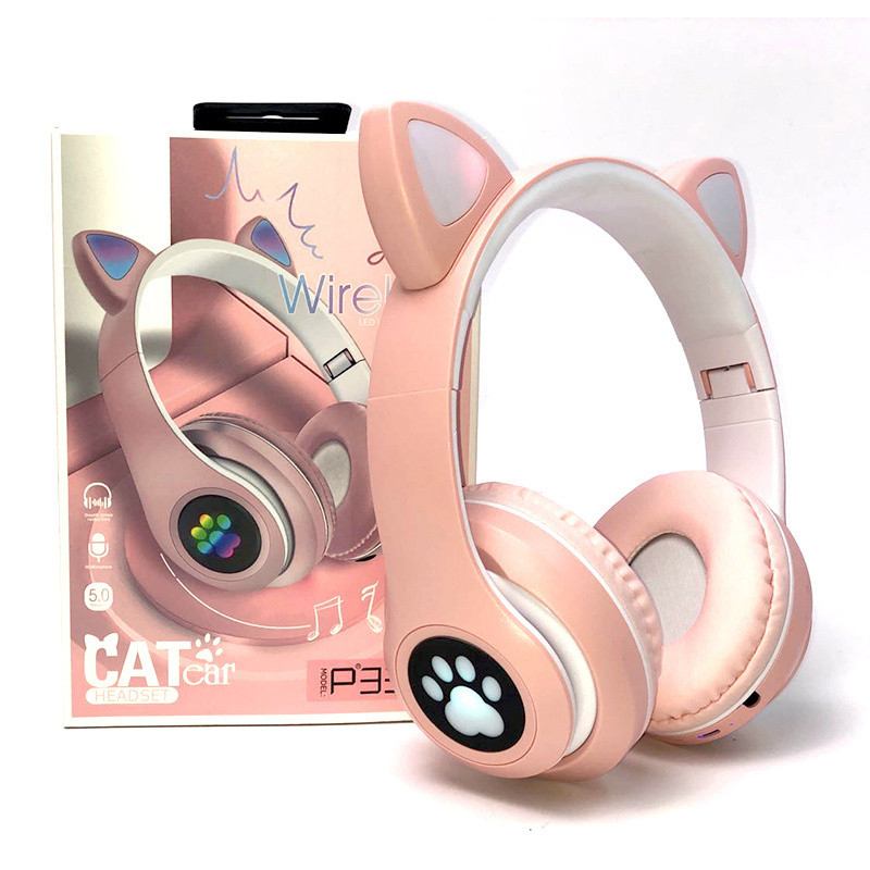 

Беспроводные наушники с кошачьими Ушками светящимися Bluetooth Cat P-33M с микрофоном FM радио розовые
